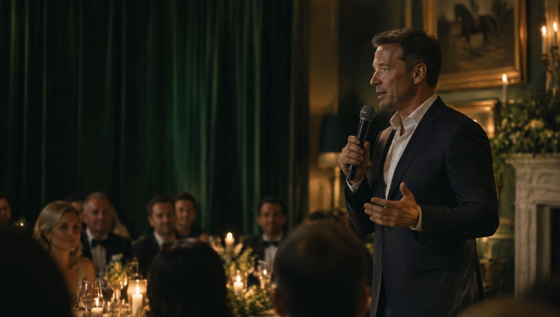 Illustrative sporting speaker addressing guests at an intimate dinner